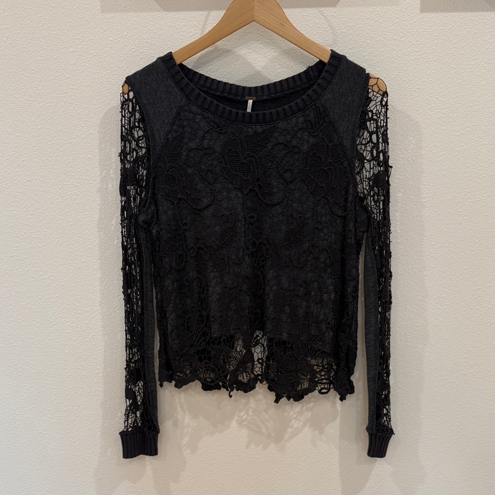 Free People dark grey Lace Long Sleeve Top